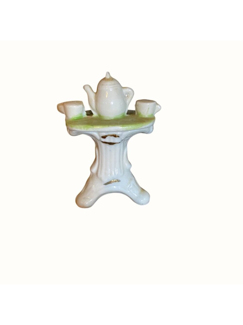 Vintage Miniature Dollhouse Ceramic Three-Legged Table with Tea Set